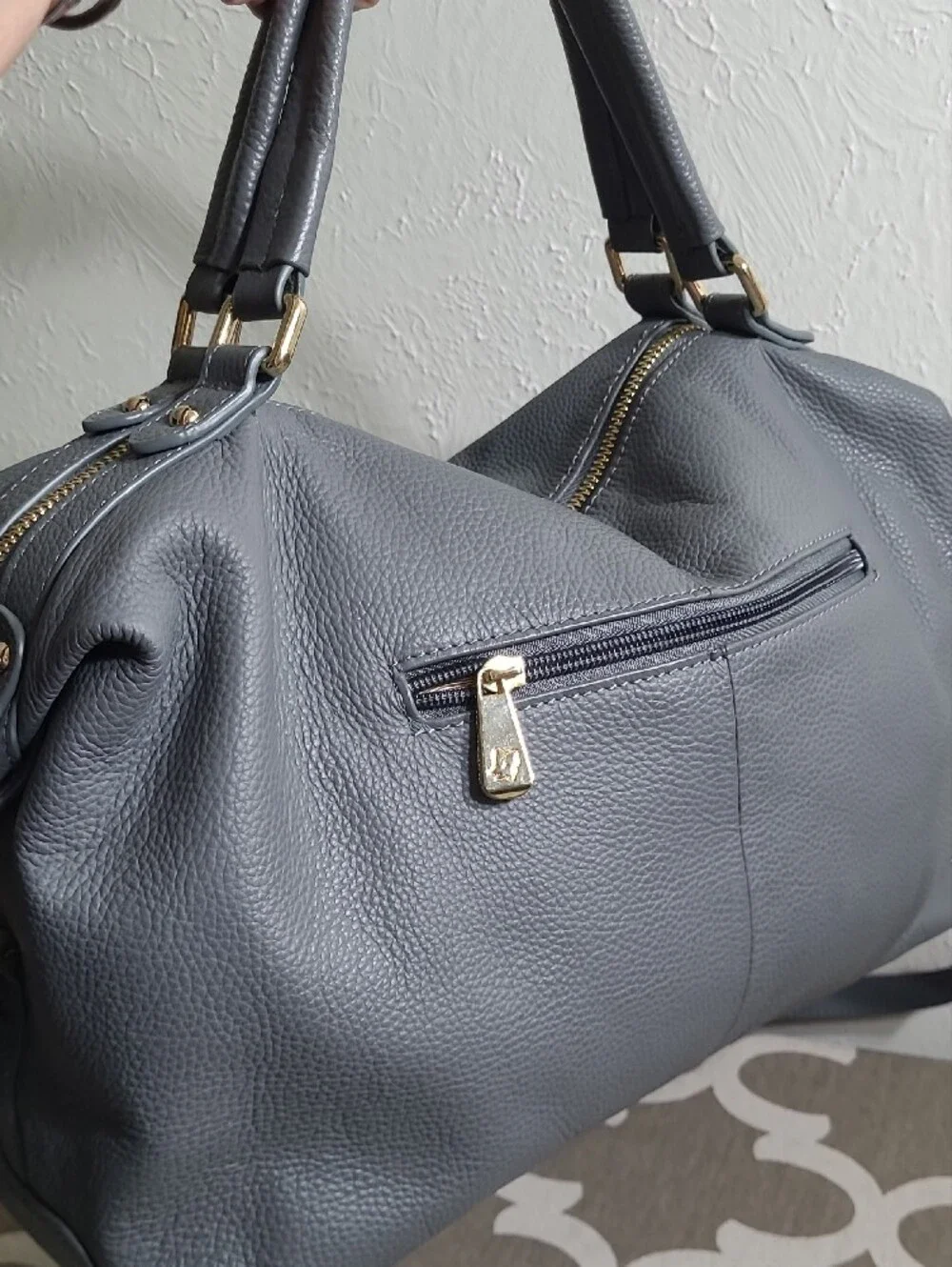 ✔️ Ora Delphine Gray Leather Satchel with Gold Hardware